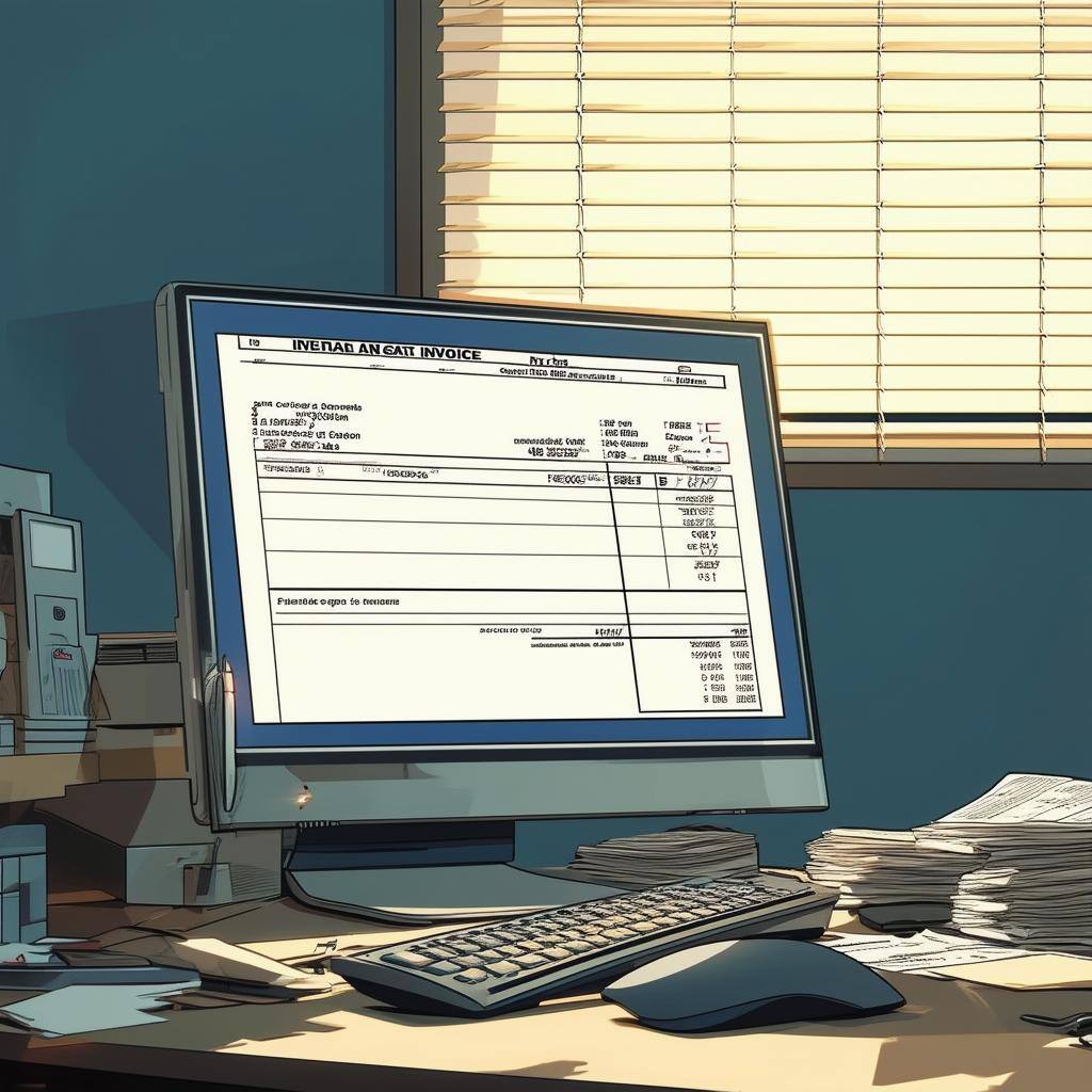 An invoice being settled by a computer in an accountants office, with the focus on the screen and no people in the image